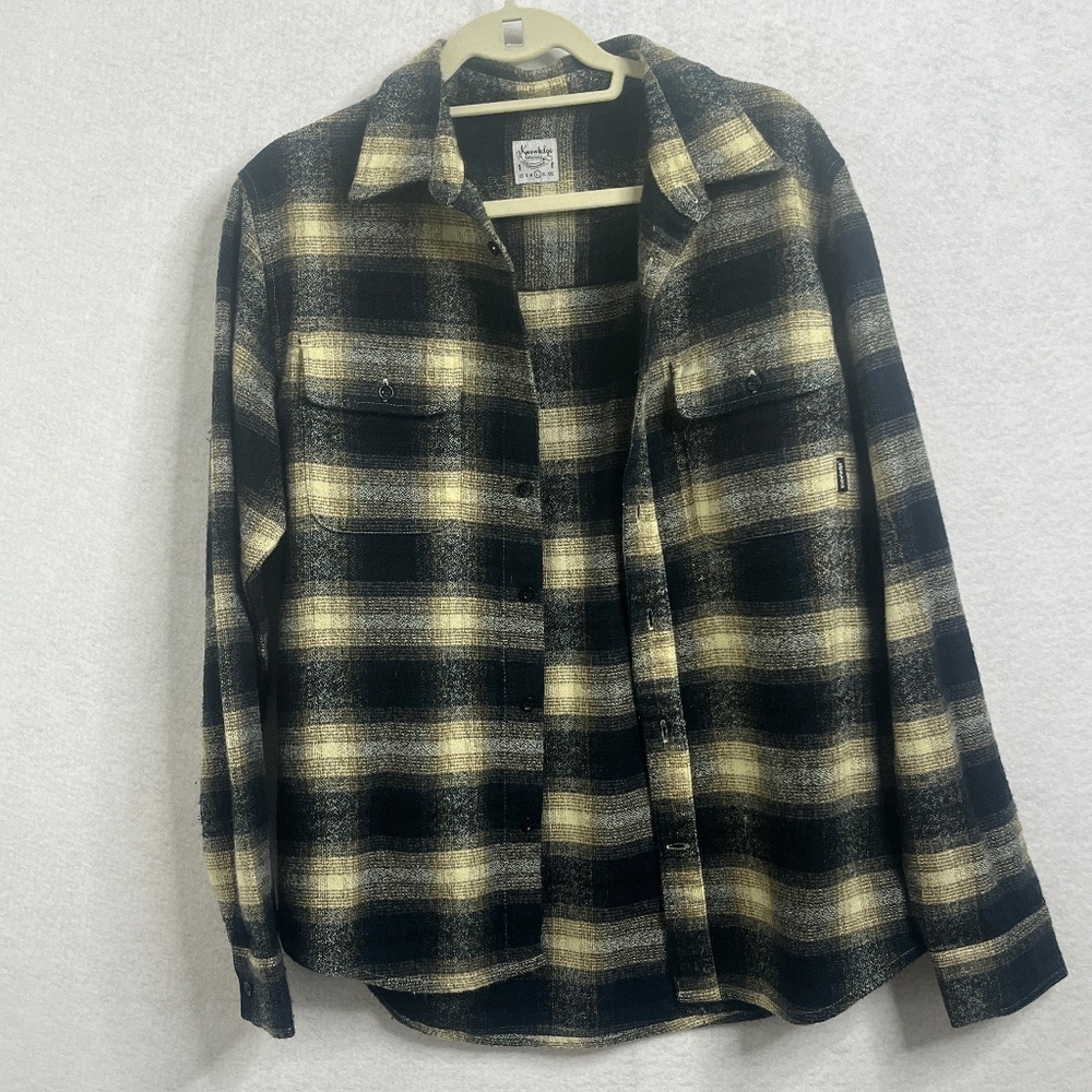 Knowledge Cotton Flannel Shirt Plaid Black Tan Button Up Heavyweight Size L